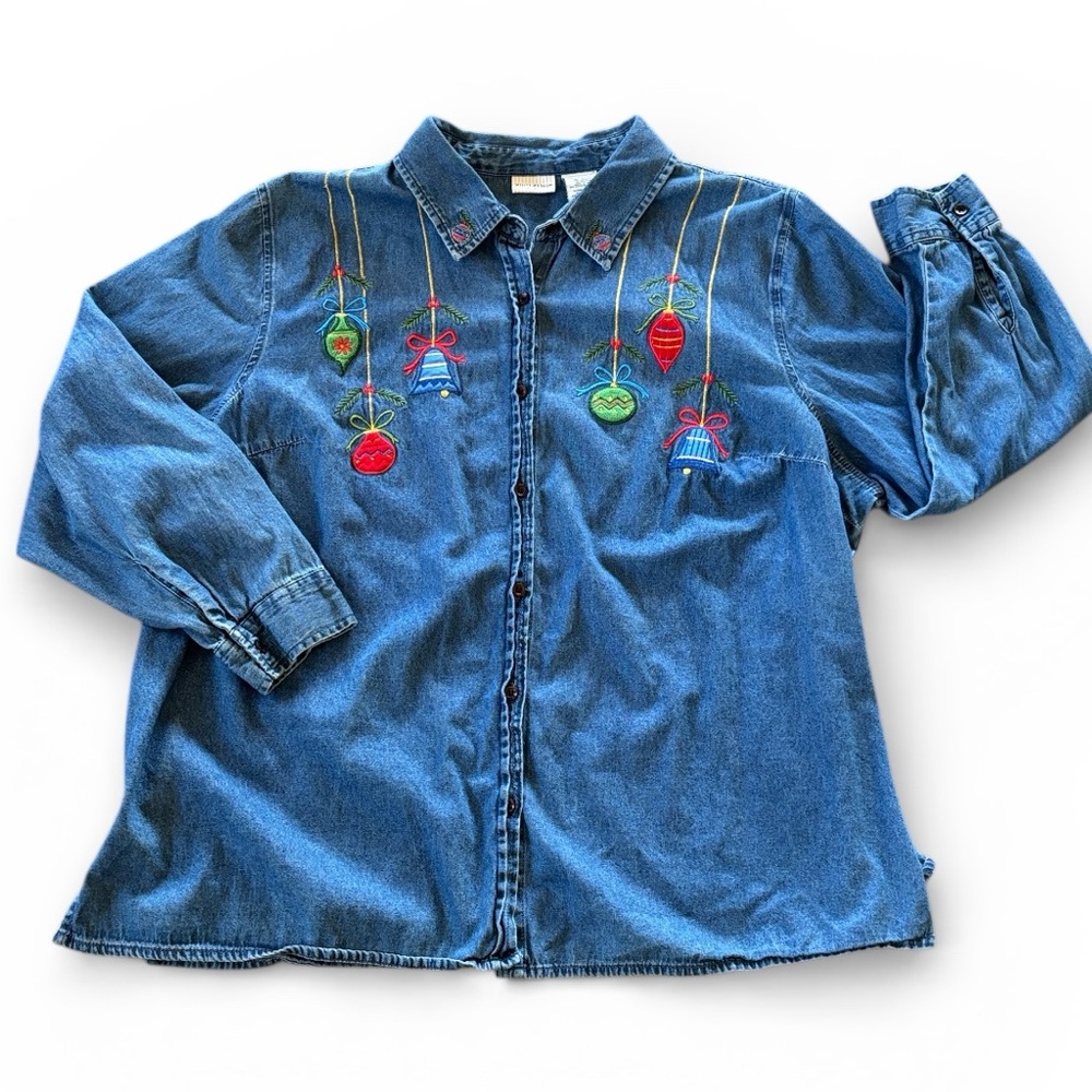 Vintage‎ White Stag Christmas Ornaments Embroidered Chambray Shirt Size 22W 24W